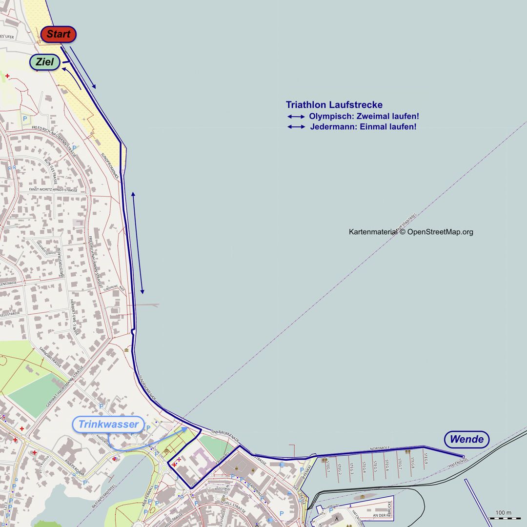 Ansicht des Streckenplans für die Laufstrecke der Olympischen- und Jedermann-Distanz beim Triathlon in Stralsund 2025