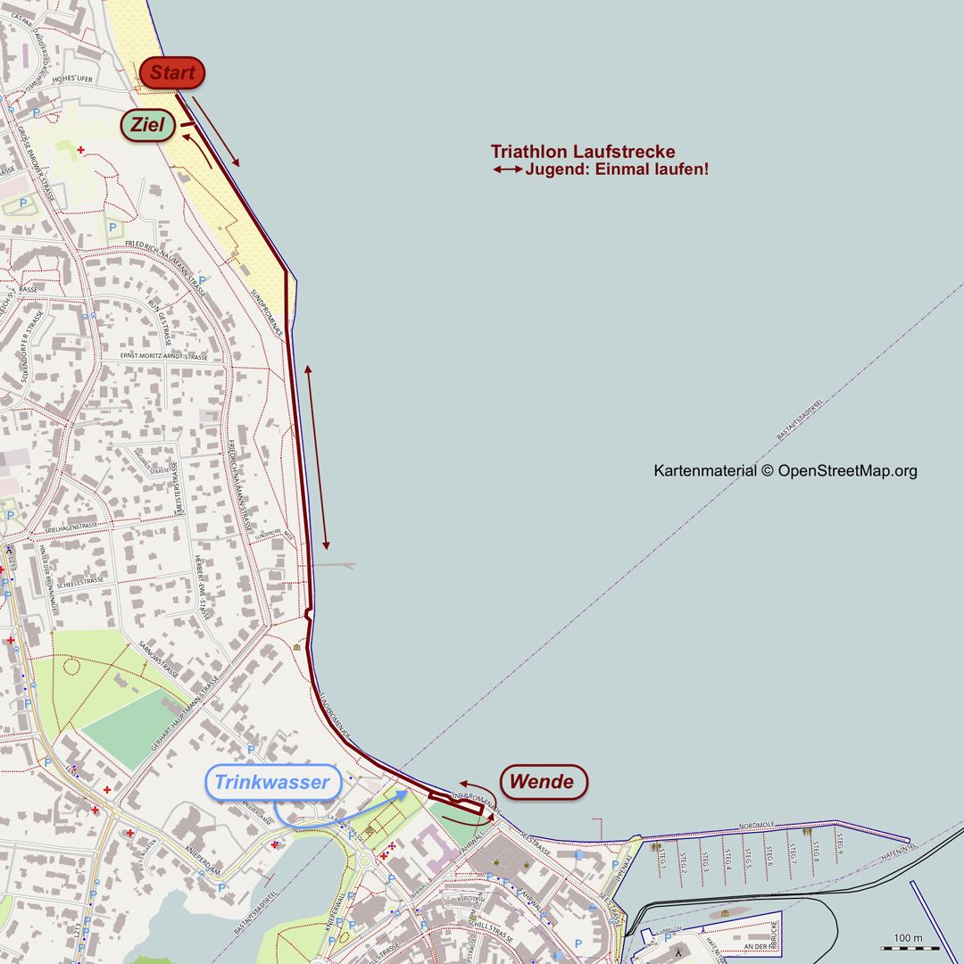 Ansicht des Streckenplans für die Laufstrecke der Jugenddistanz beim Triathlon in Stralsund 2025