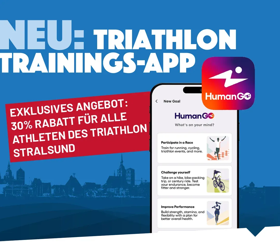 Exklusives Angebot: 30 % Rabatt: Abbildung der App HumanGO mit der Athleten des Triathlon Stralsund trainieren können