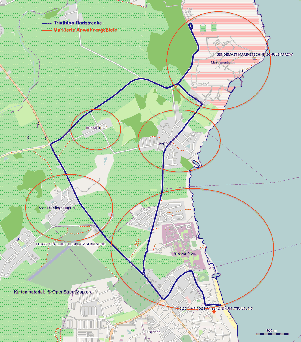Kartenausschnitt mit den von Straßensperrungen betroffenen Wohngebieten während des Triathlon Stralsund 2025.