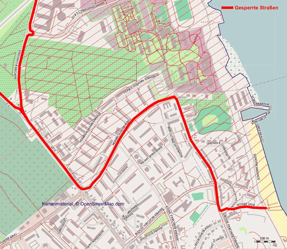 Kartenausschnitt mit den von Straßensperrungen im Wohngebiet Knieper während des Triathlon Stralsund 2025.